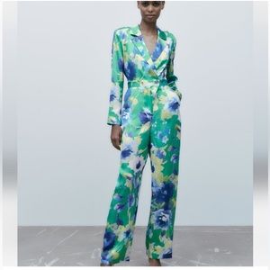 Zara Green Blue Floral Satin Jumpsuit